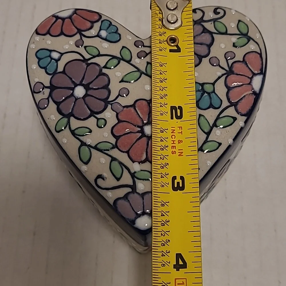 Handmade Mexican Floral Heart Shaped Trinket Box /Stash Box